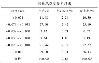 鉬精尾粒度分析結(jié)果